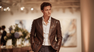 Formal leather jacket styled with a suit for a sophisticated look.