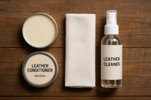 Essential leather jacket care products including conditioner and cleaner to maintain your investment.