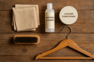 Essential tools for proper leather jacket care laid out on a wooden surface.