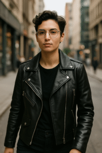 Demonstrating the versatility of a leather jacket: a versatile wardrobe staple styled for casual, smart, and edgy looks.