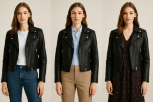 Demonstrating the versatility of a leather jacket: a versatile wardrobe staple styled for casual, smart, and edgy looks.