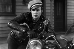 Marlon Brando leather jacket look in The Wild One, defining biker style history.