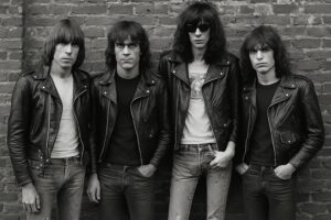The Ramones embodying punk rock fashion with their iconic leather jackets.