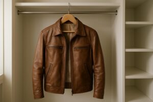 Proper leather jacket care includes storing it on a padded hanger in a cool, dry closet.