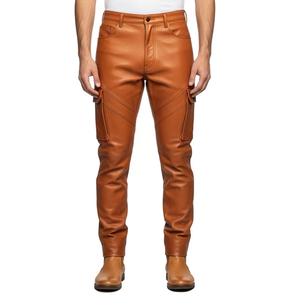 tan leather cargo pants amber pulse front view