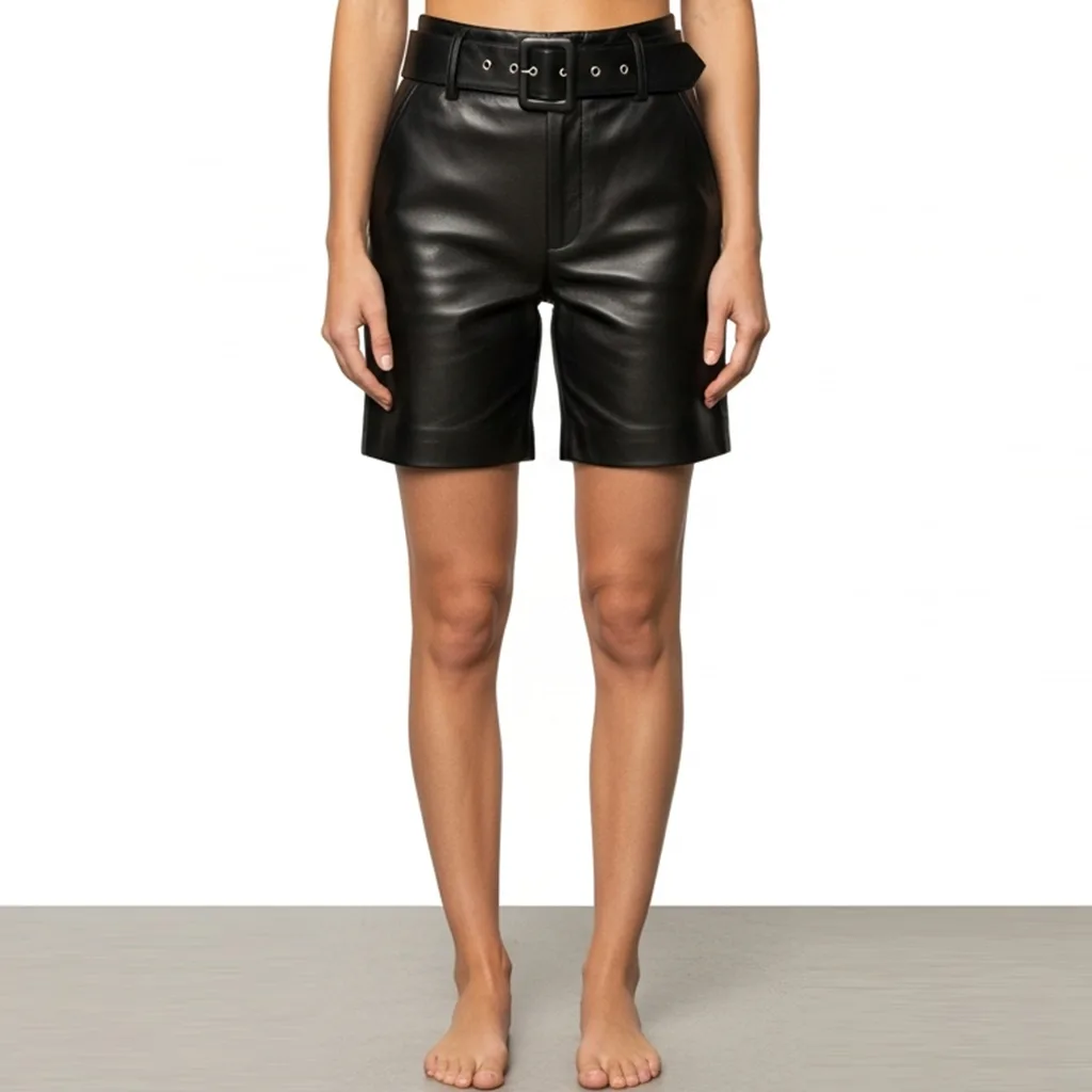 Custom Buckle-Waist Leather Bermuda Shorts