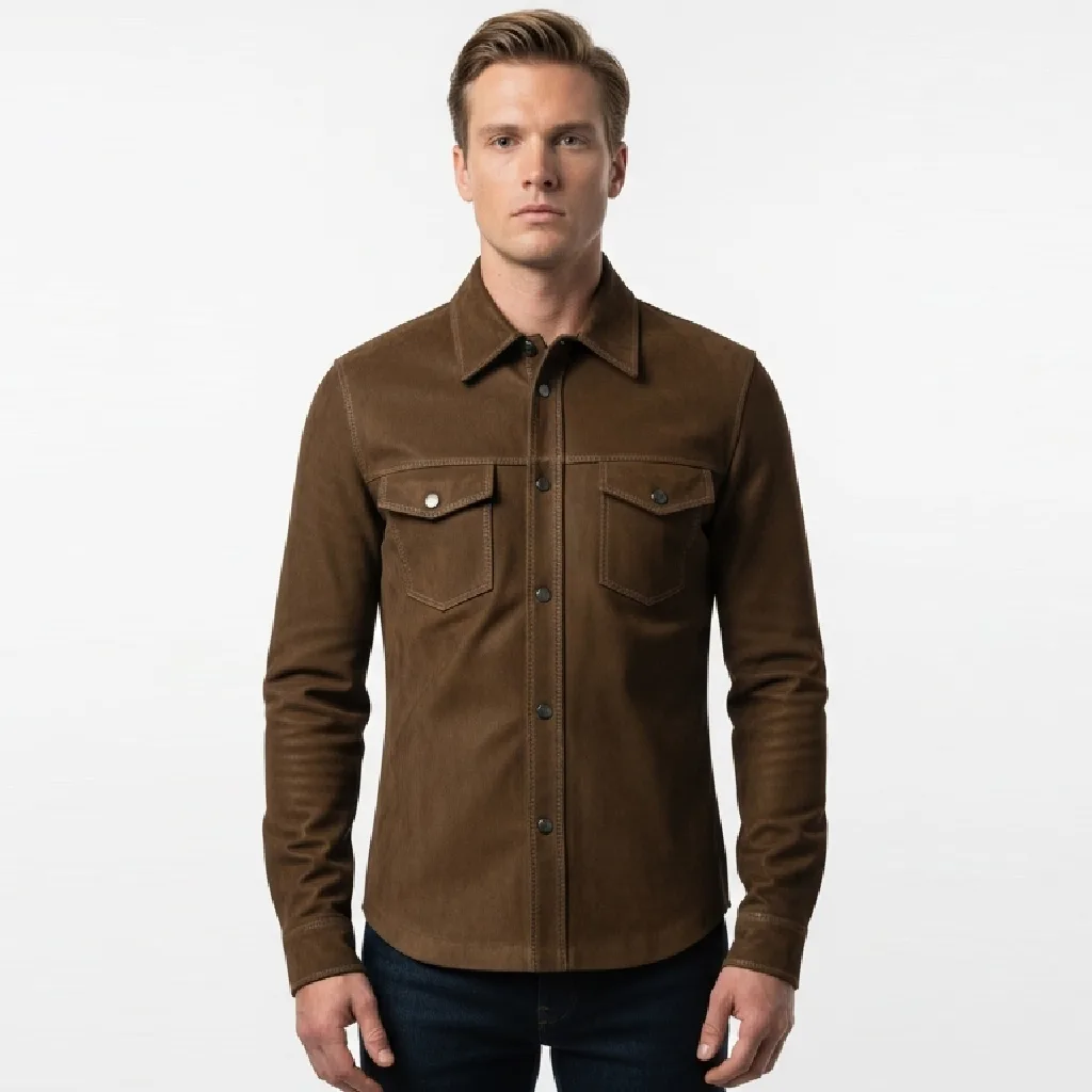 Custom Suede Leather Shirt with Chest Pockets