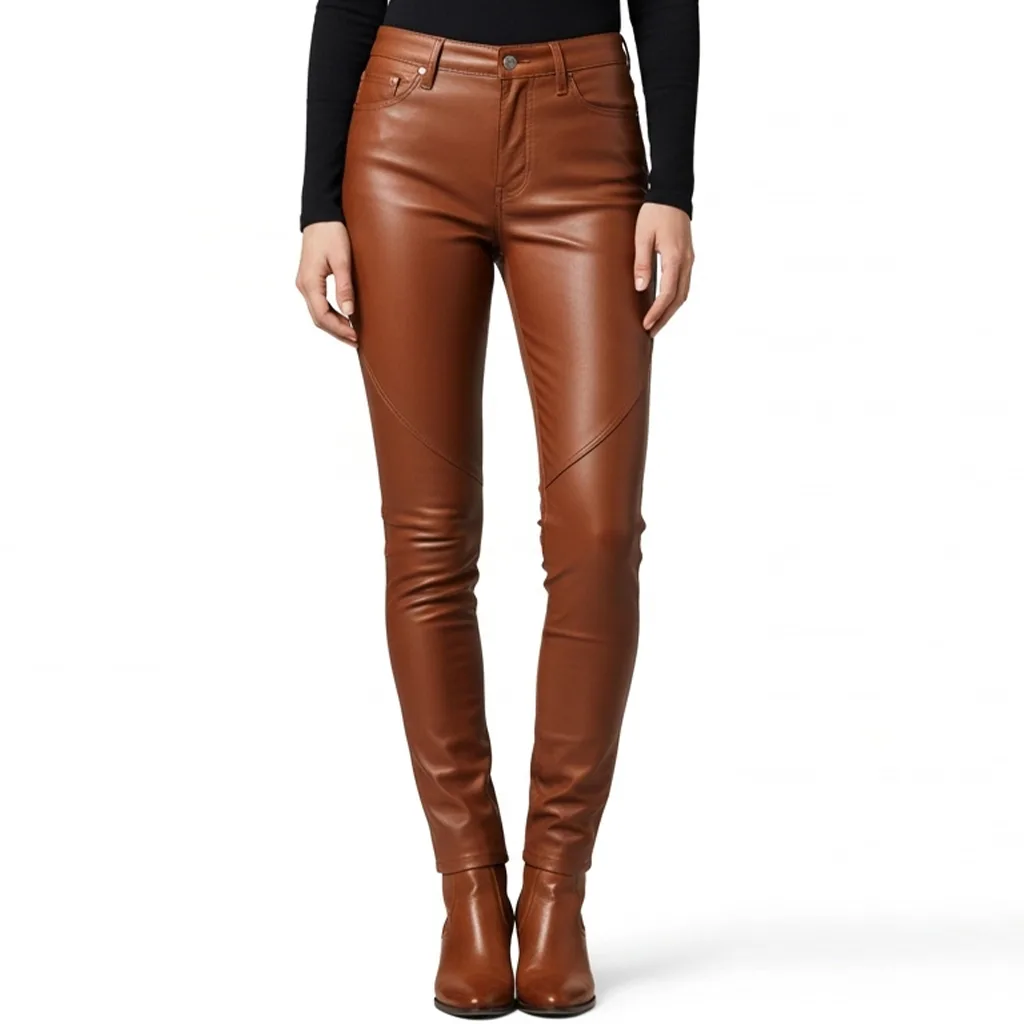 cognac faux leather pants cognac cling front view