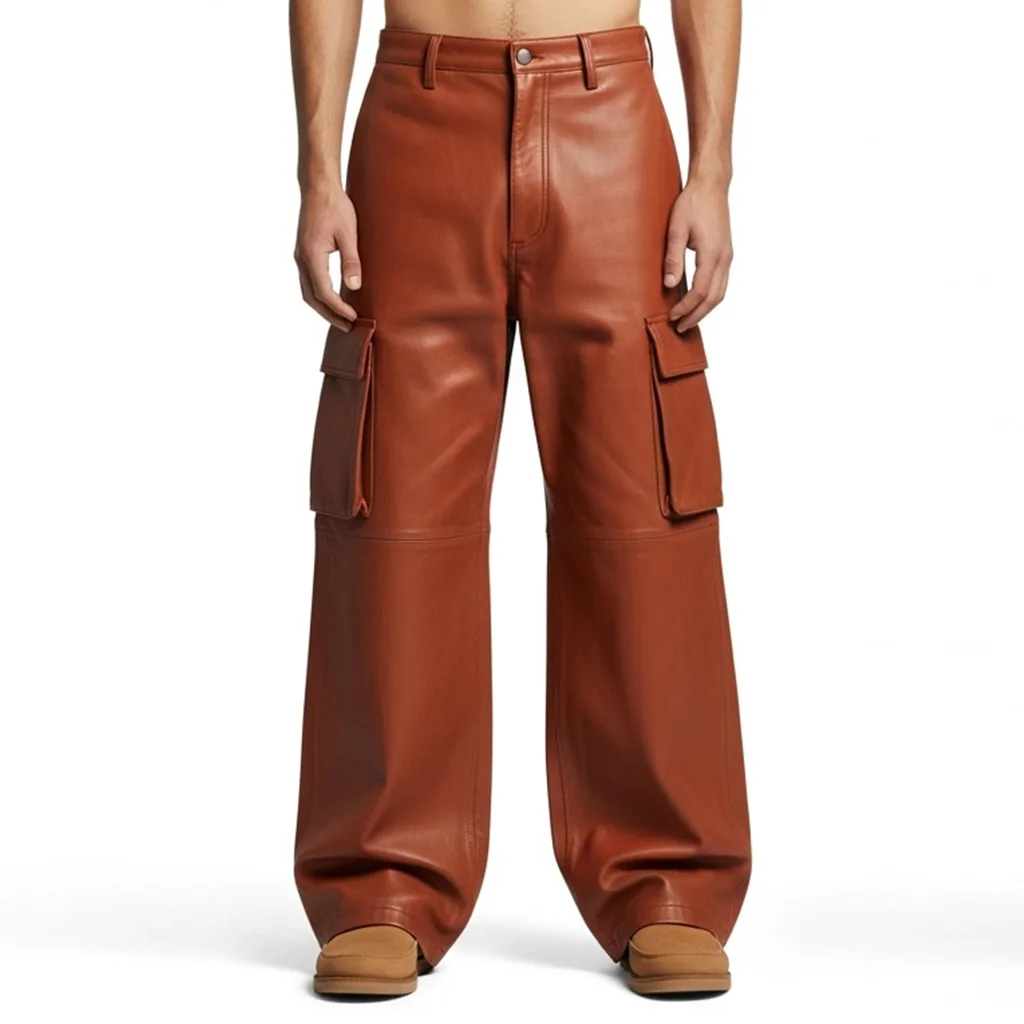 wide leg terracotta leather cargo pants terracotta dust side view