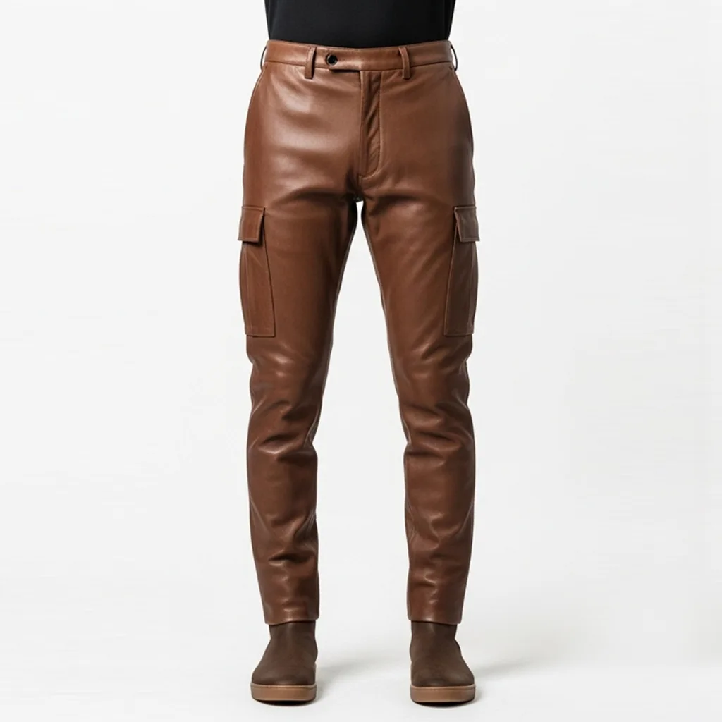 tan leather cargo pants sepia vex front view