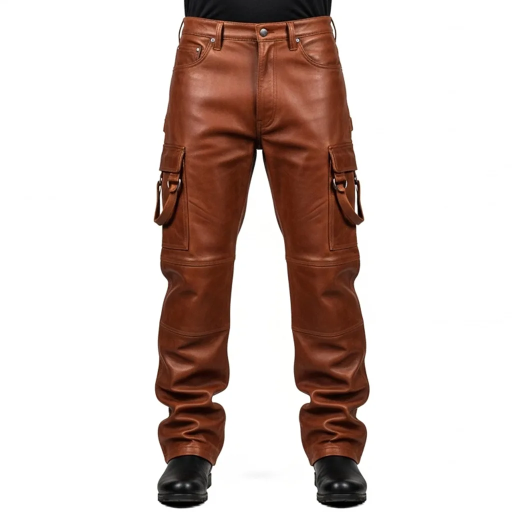 distressed leather cargo pants rustcore load side view