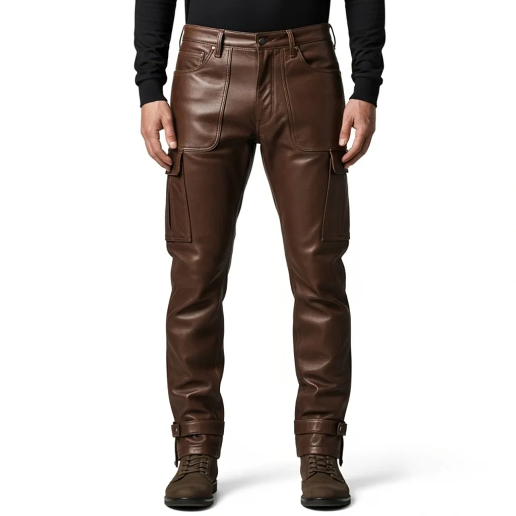 brown leather cargo pants rogue earth side view