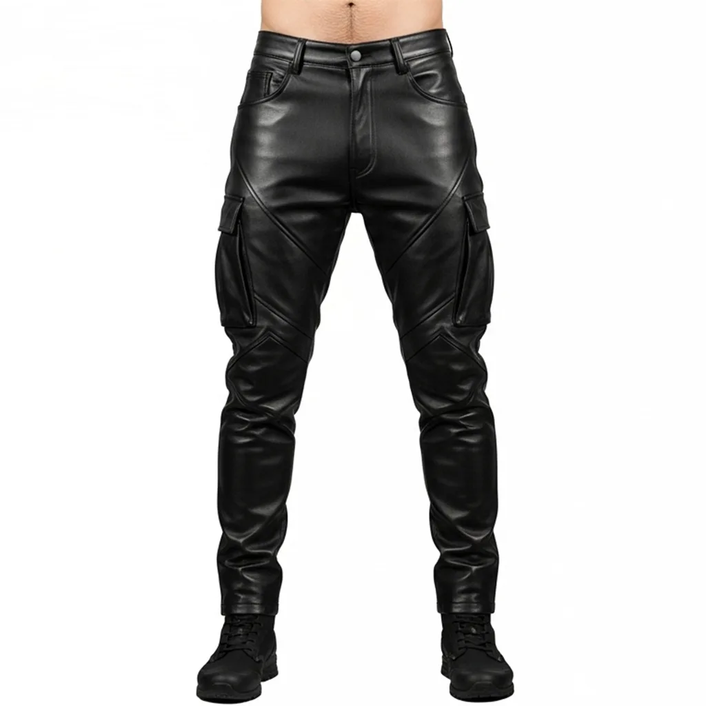 black leather cargo pants pitchstrike front view