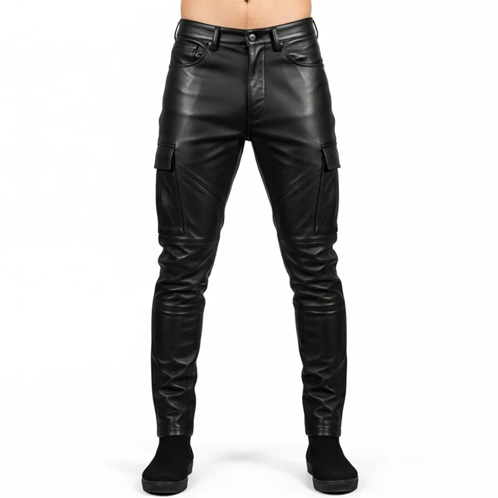 black leather cargo skinny pants noir strain front view