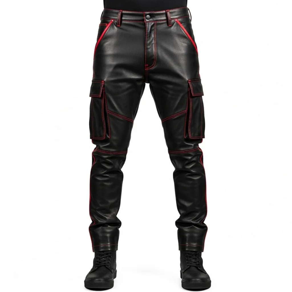 black and red leather cargo pants lava storm front view
