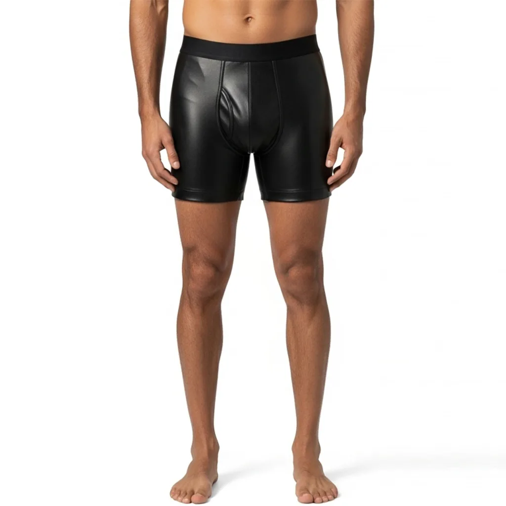 black faux leather boxer briefs trigger front view
