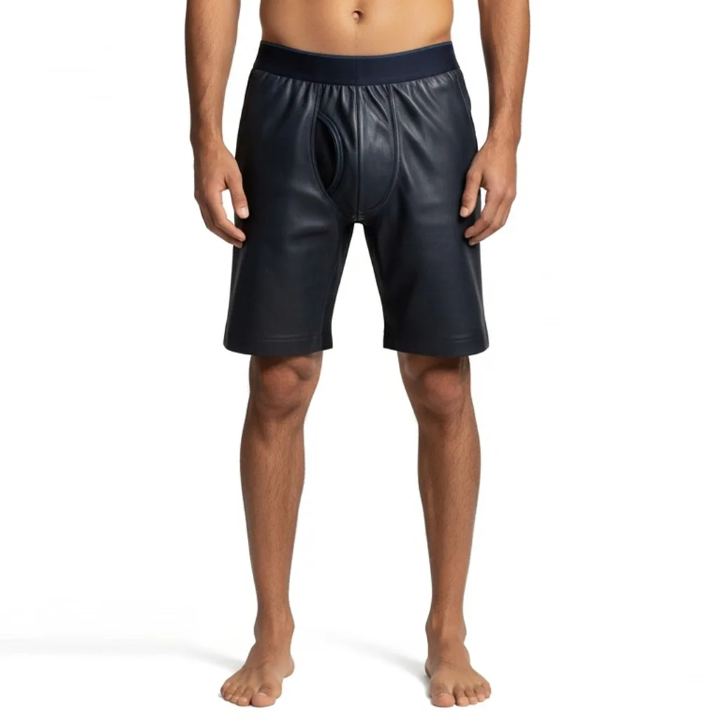 black faux leather lounge shorts ink drive front view