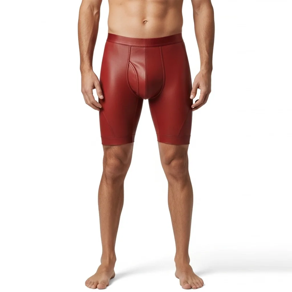 red faux leather compression shorts molten grip front view