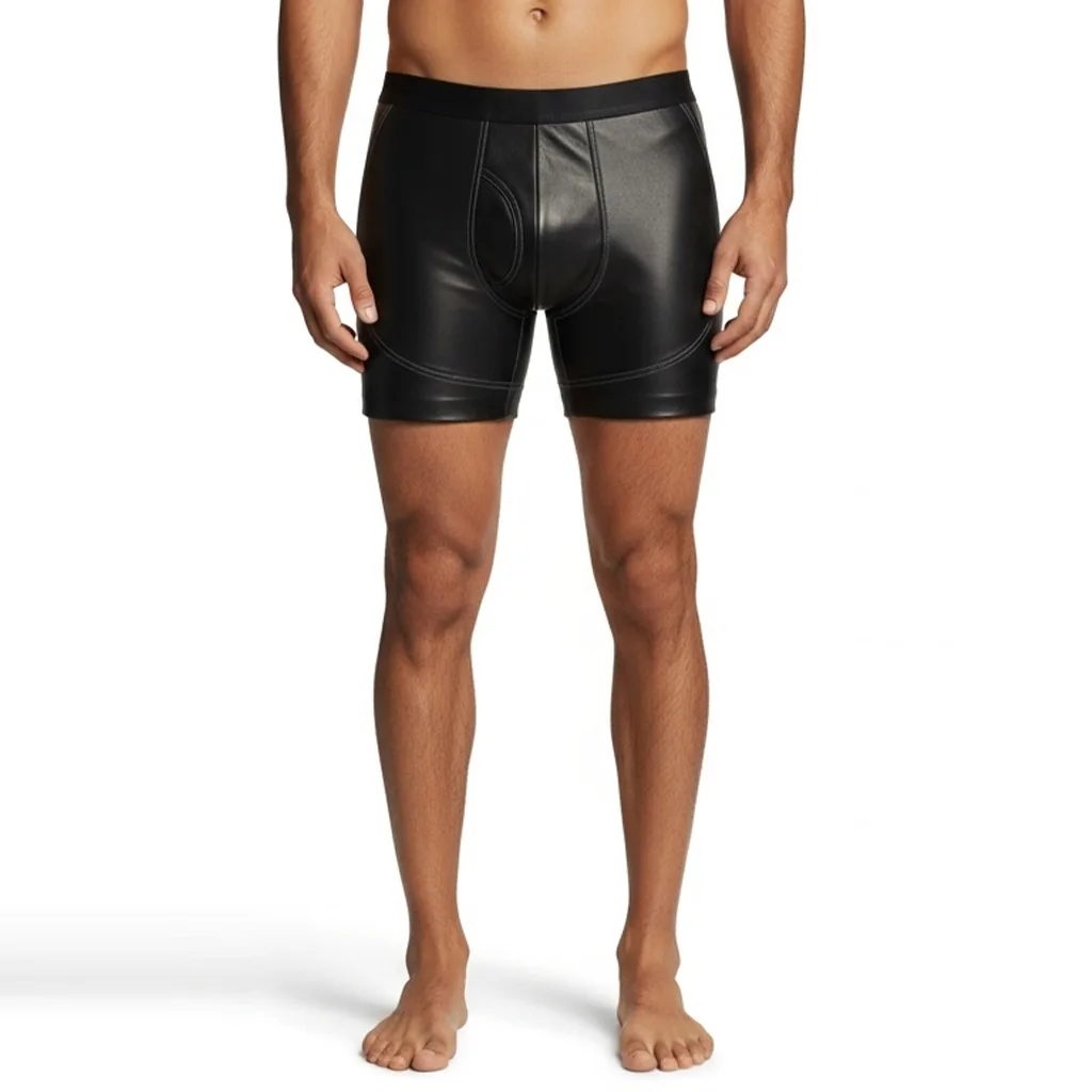 black faux leather boxer briefs Shadow Tread front view