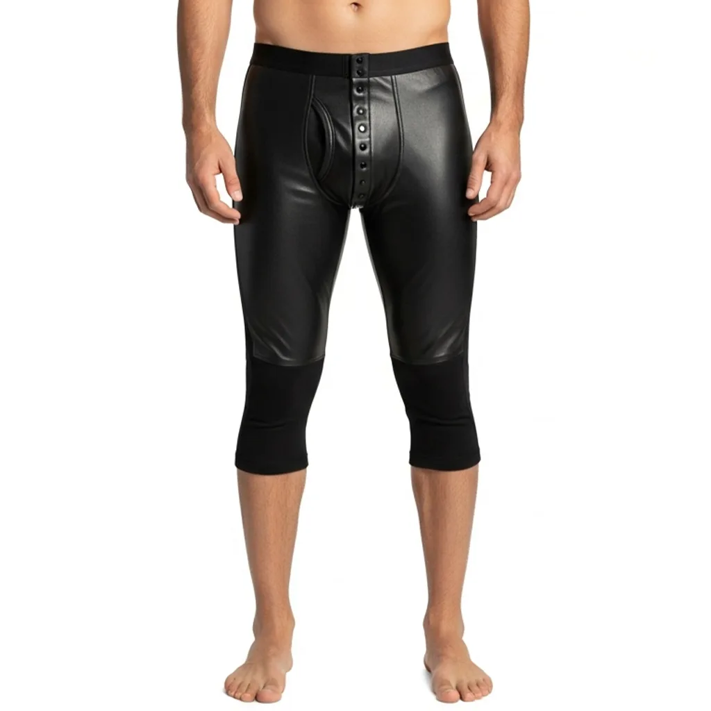 black faux leather capri shorts snapped fuel front view