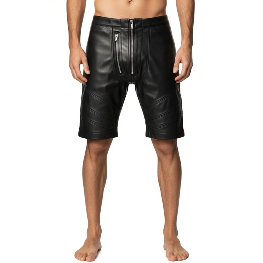 black faux leather zip shorts throttle fit front view