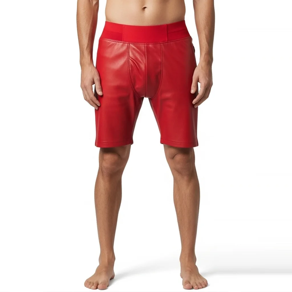 red faux leather shorts tracklock front view
