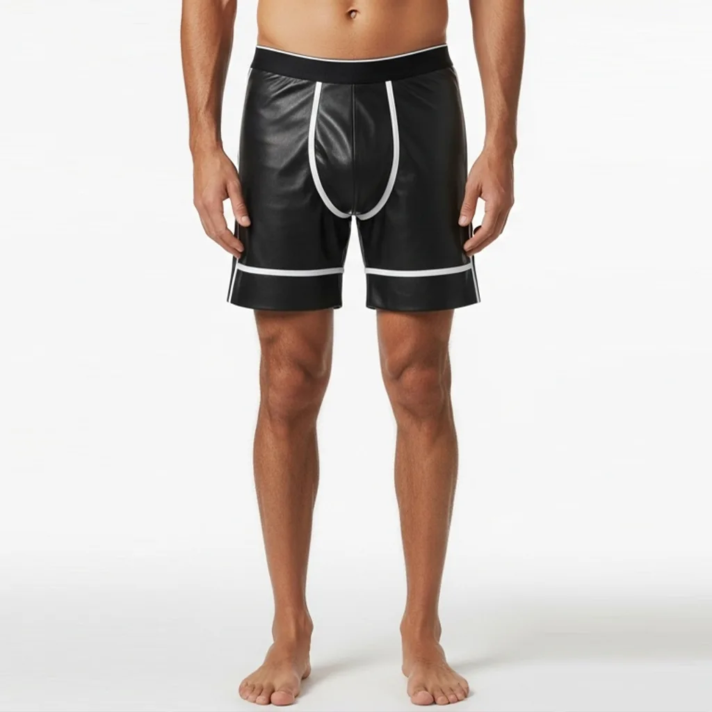 black faux leather boxer shorts urban frame front view
