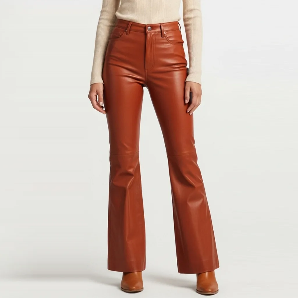 rust brown flared leather pants rustline drift front view