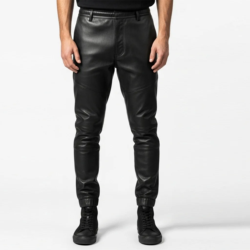 black leather joggers obsidian thread front view black leather joggers obsidian thread front view