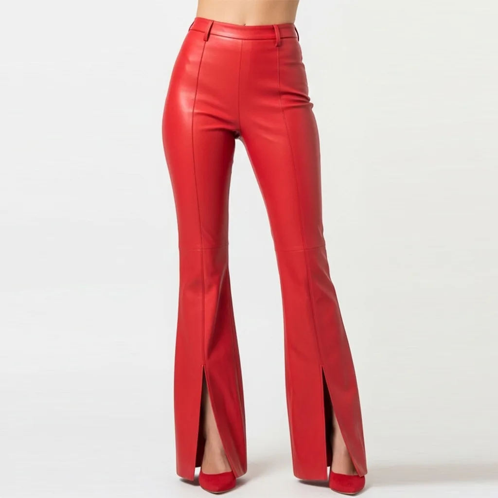 red split flare leather pants scarlet sweep front view