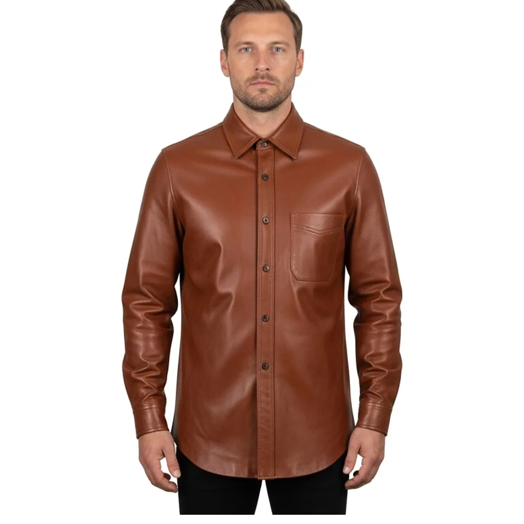 cognac vegan leather shirt cognac set front view cognac vegan leather shirt cognac set front view