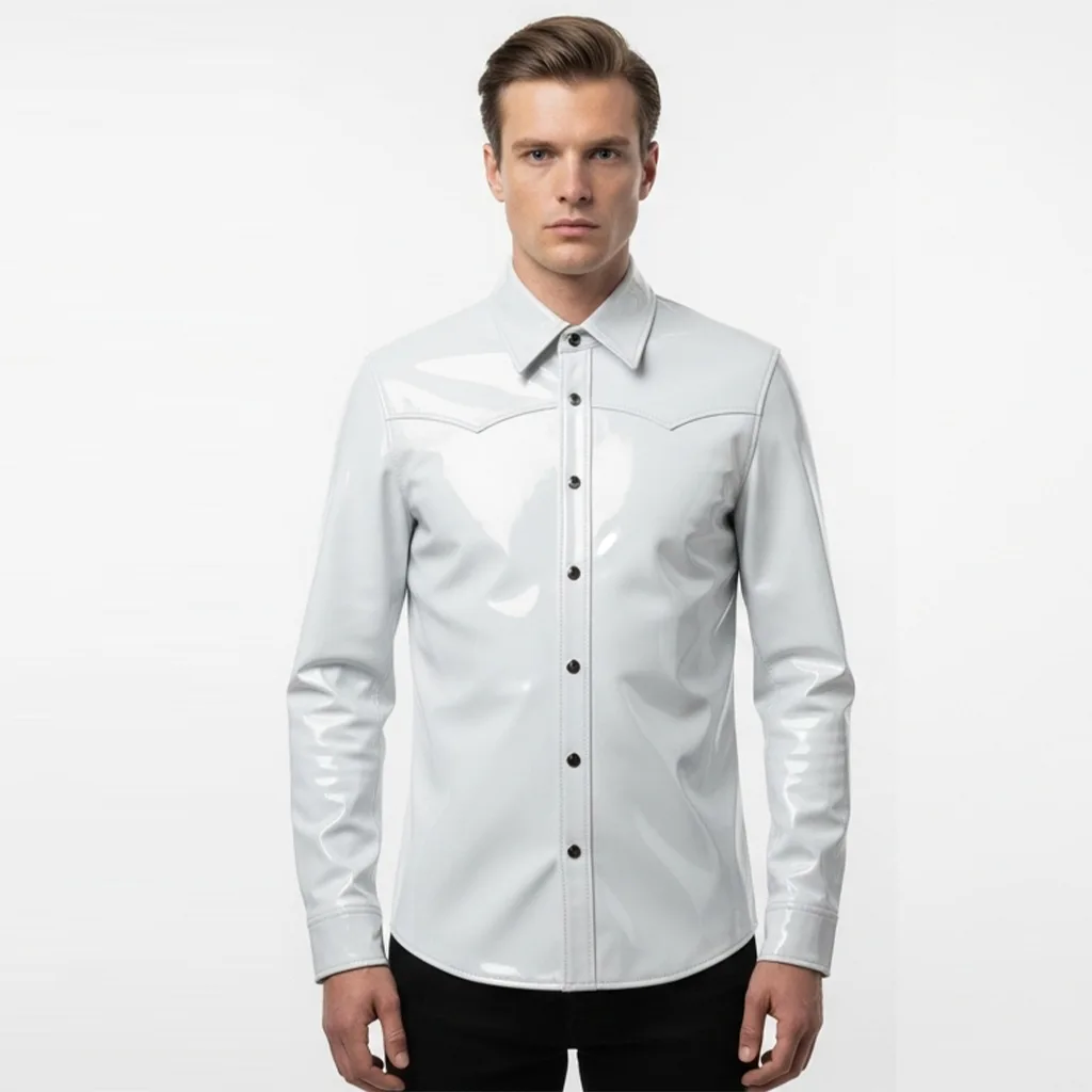 glossy ivory leather shirt ivory flash front view