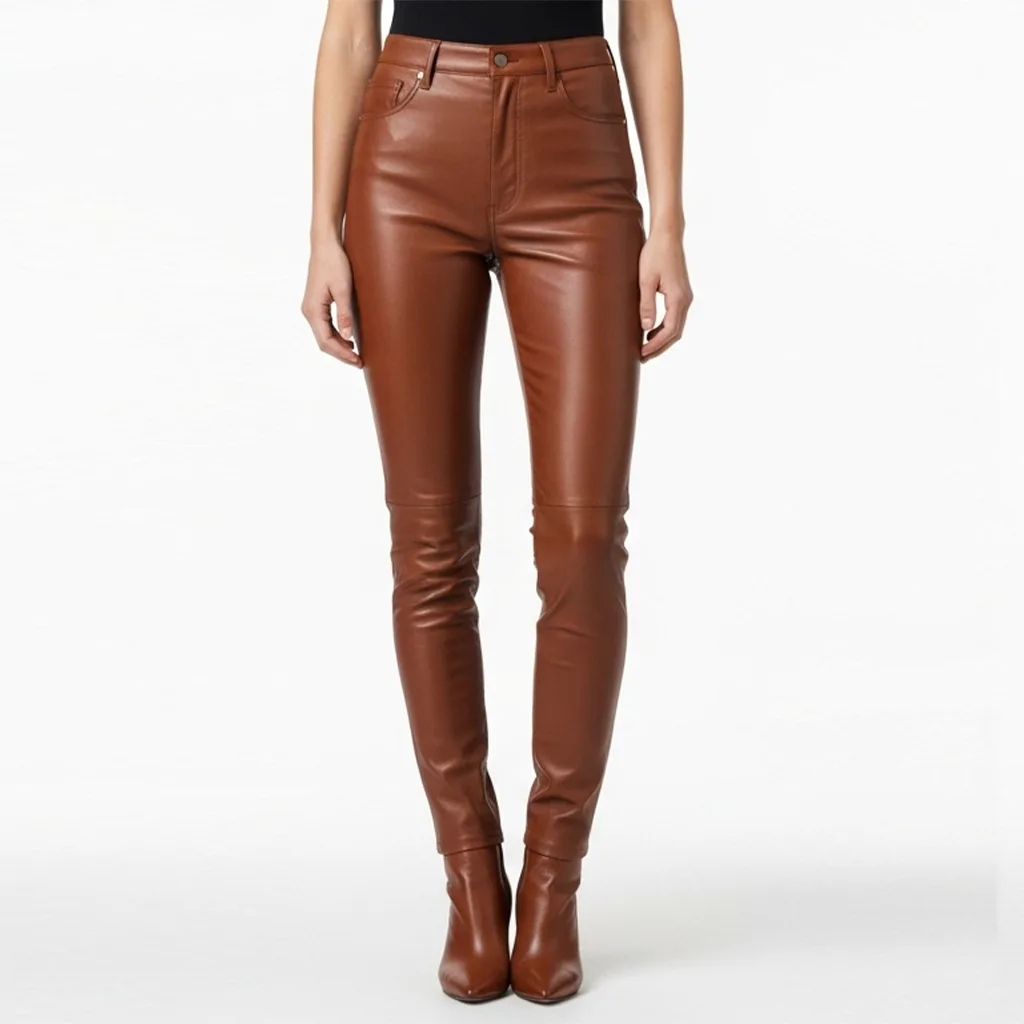 cognac slim leather pants cognac blade front view