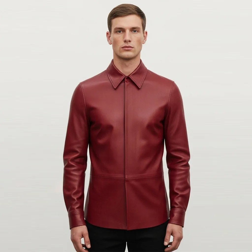 crimson vegan leather shirt jacket crimson bolt front view