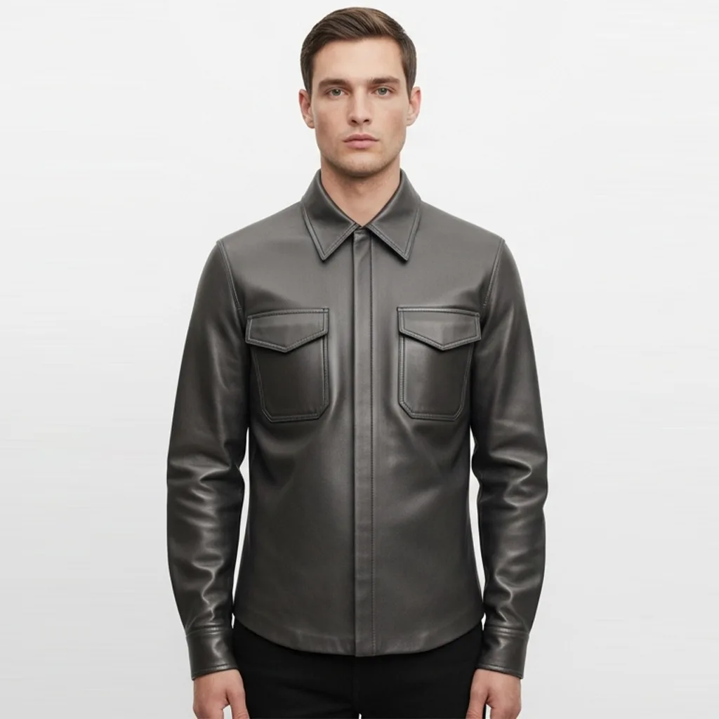 gunmetal vegan leather utility shirt gunmetal wing front view