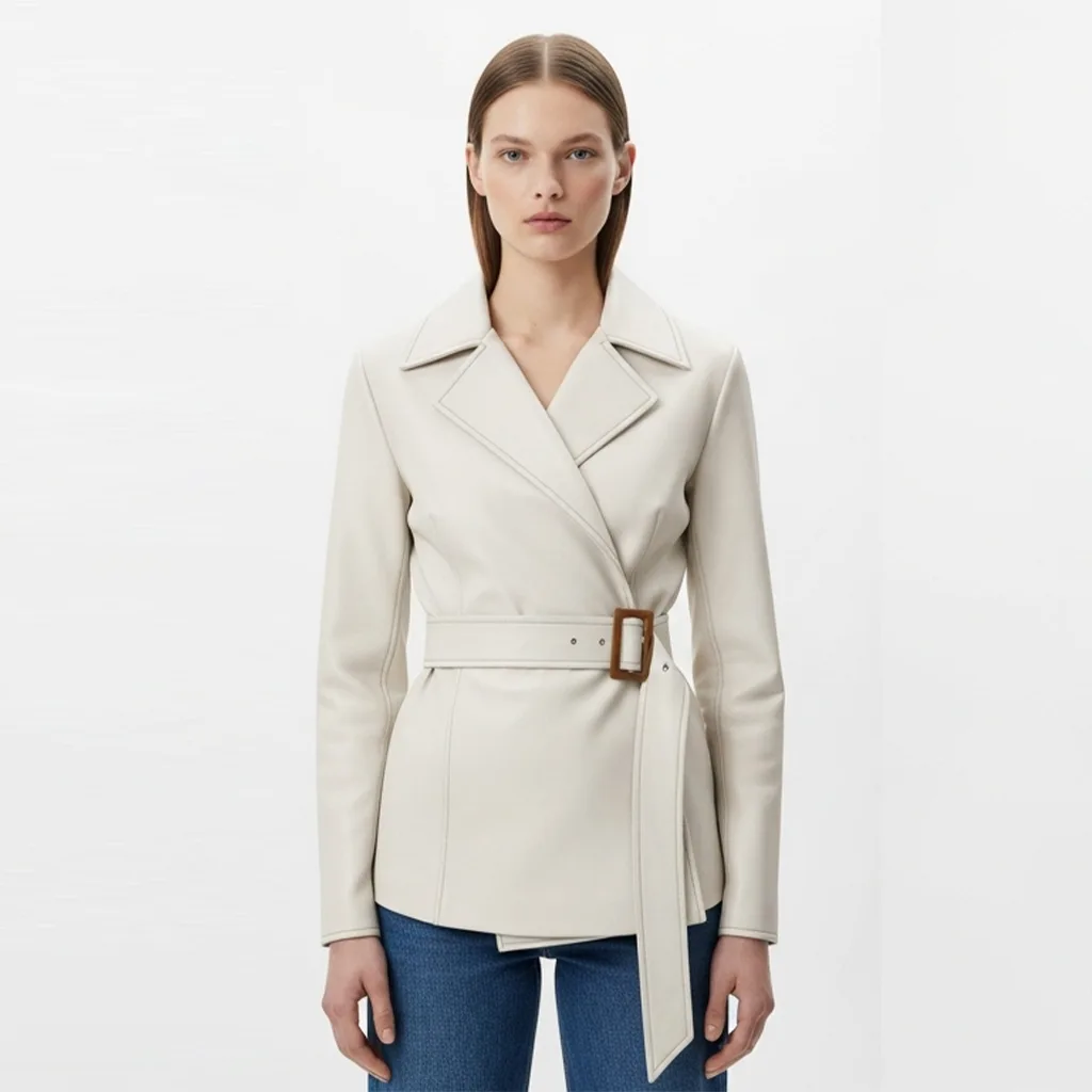 ivory belted leather jacket ivory grip front view