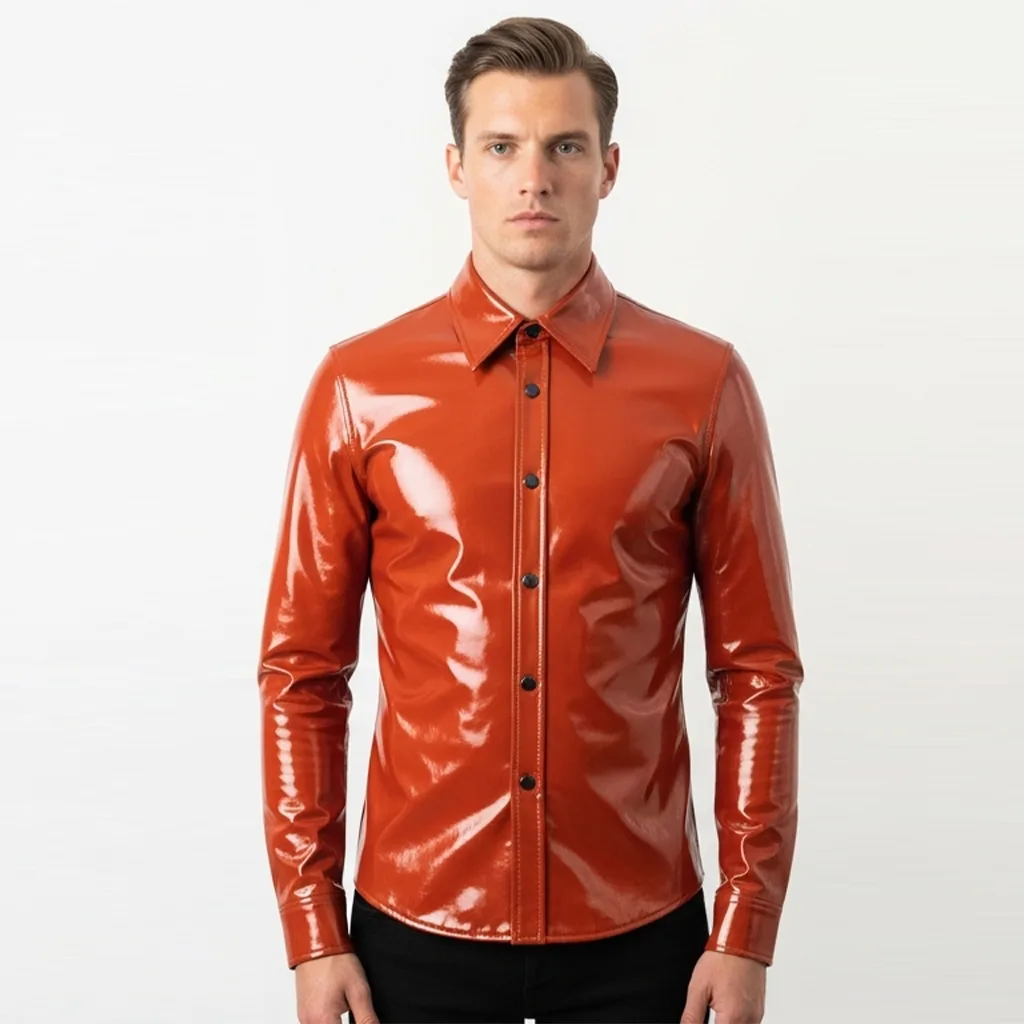 glossy burnt orange leather shirt lava sheen front view