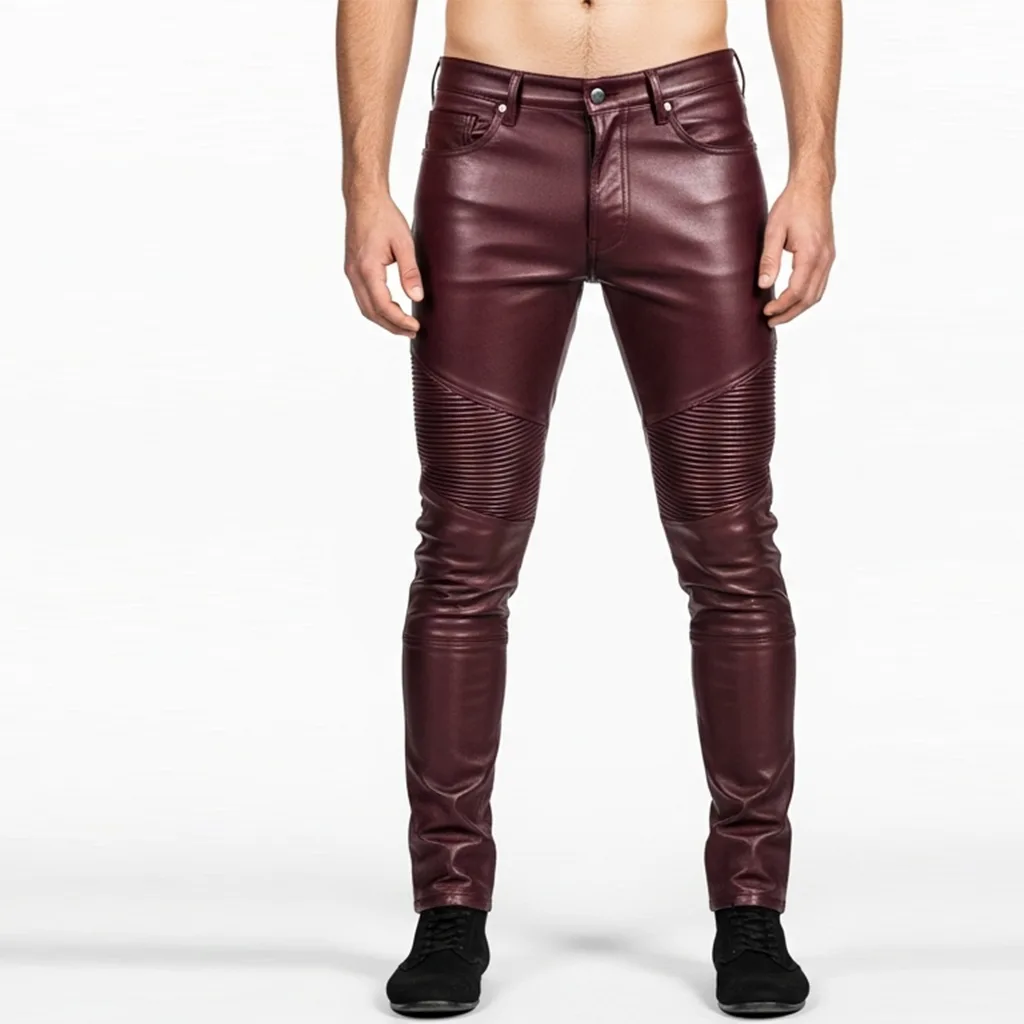men's red slim-fit leather moto pants bloodrush front view