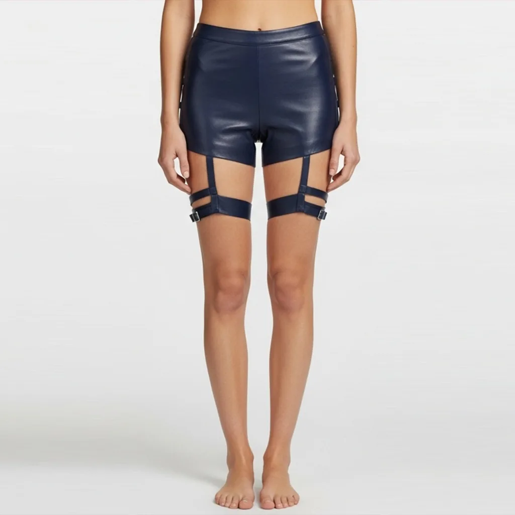 ink blue garter shorts ink wrap front view