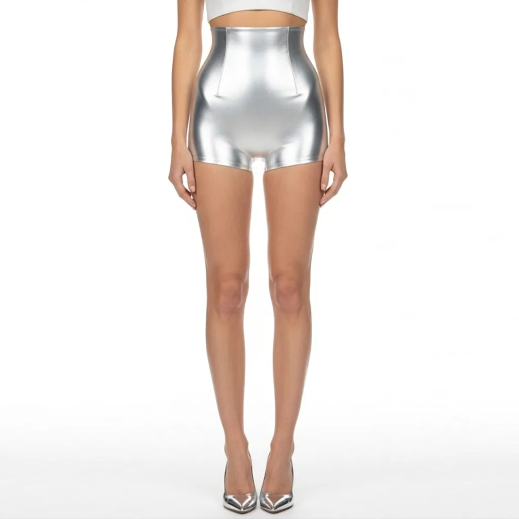 high waist silver metallic shorts lunar rush front view