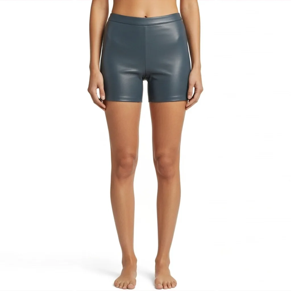 slate blue faux leather bike shorts slate mirage front view