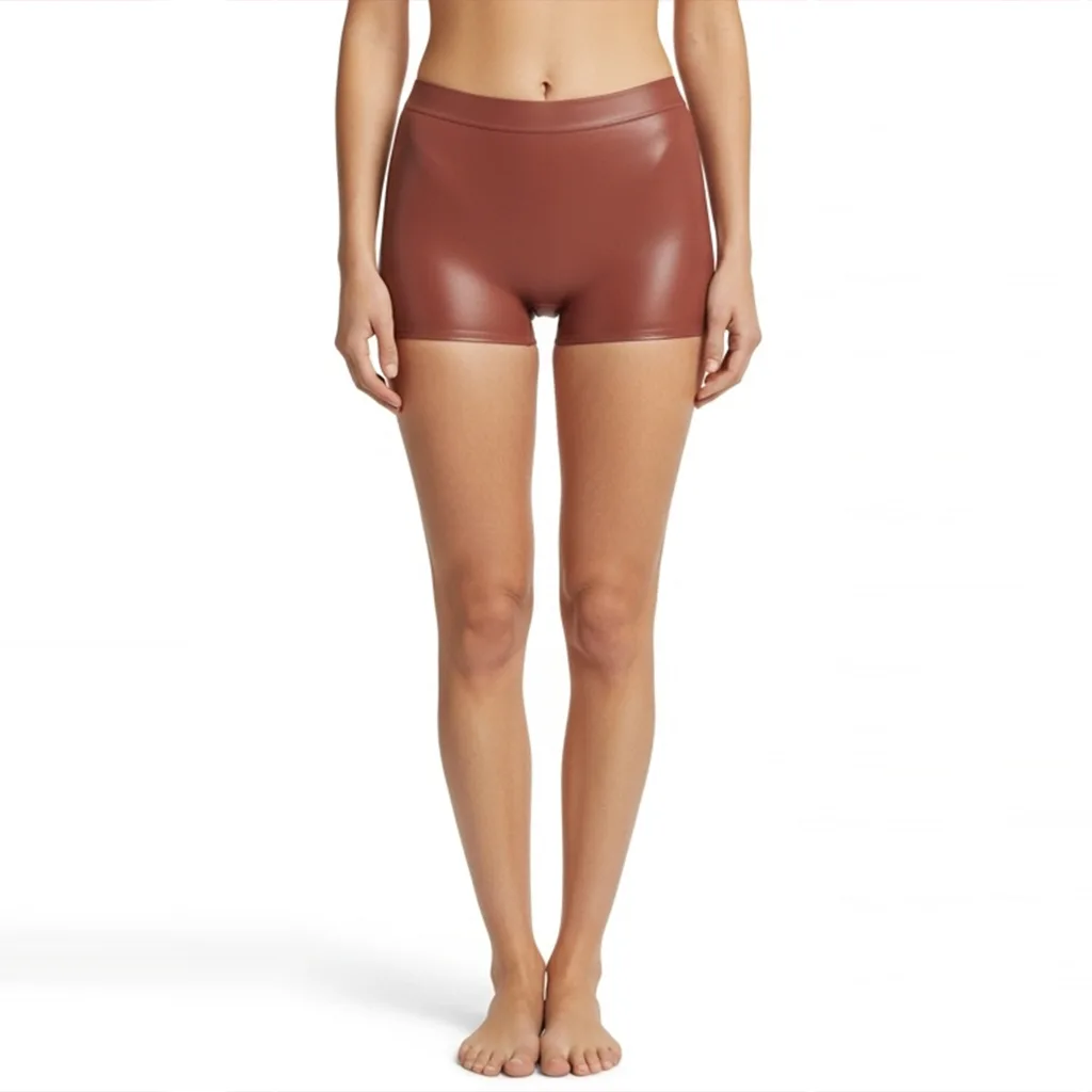 rose brown faux leather hot pants trigger rose front view