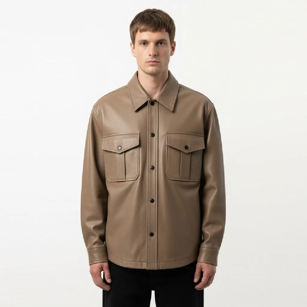 black faux leather overshirt dust core front view