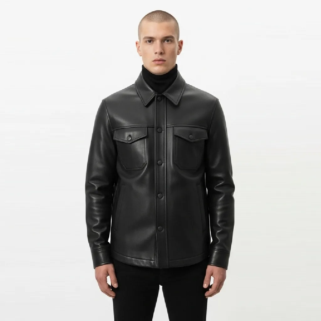 black faux leather overshirt raven vault front view