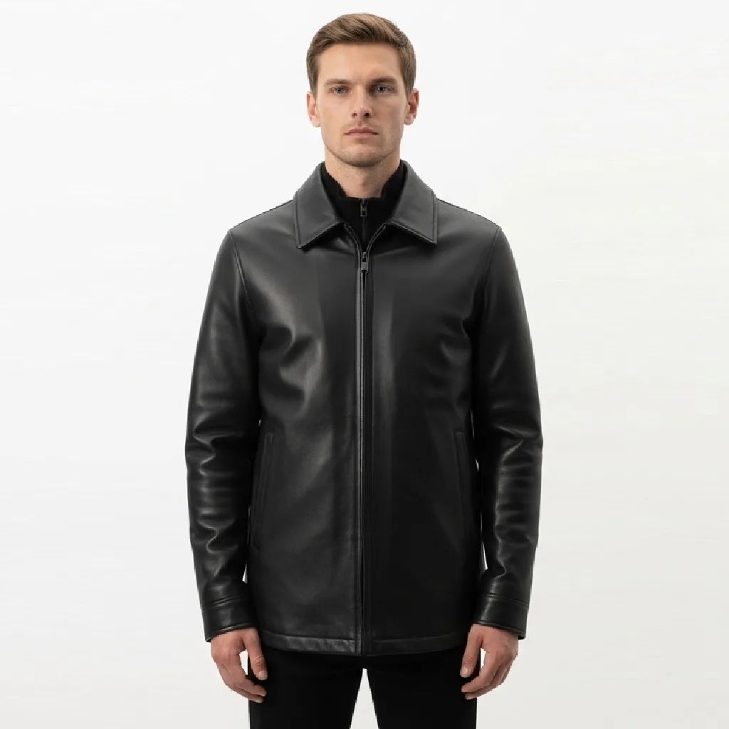 black faux leather zip-up shirt sable draft front view
