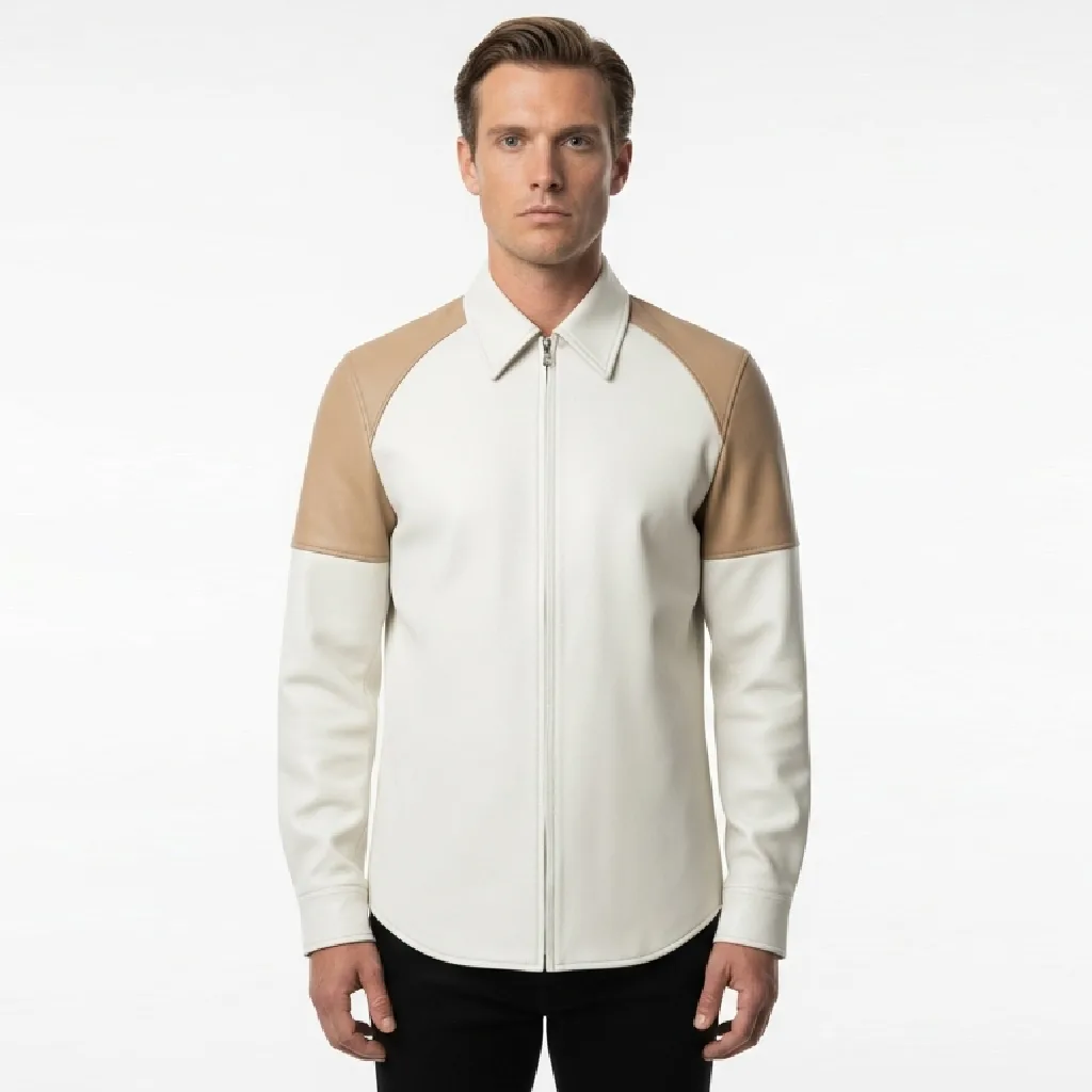 Custom Shoulder Panel Zip Leather Shirt for Men