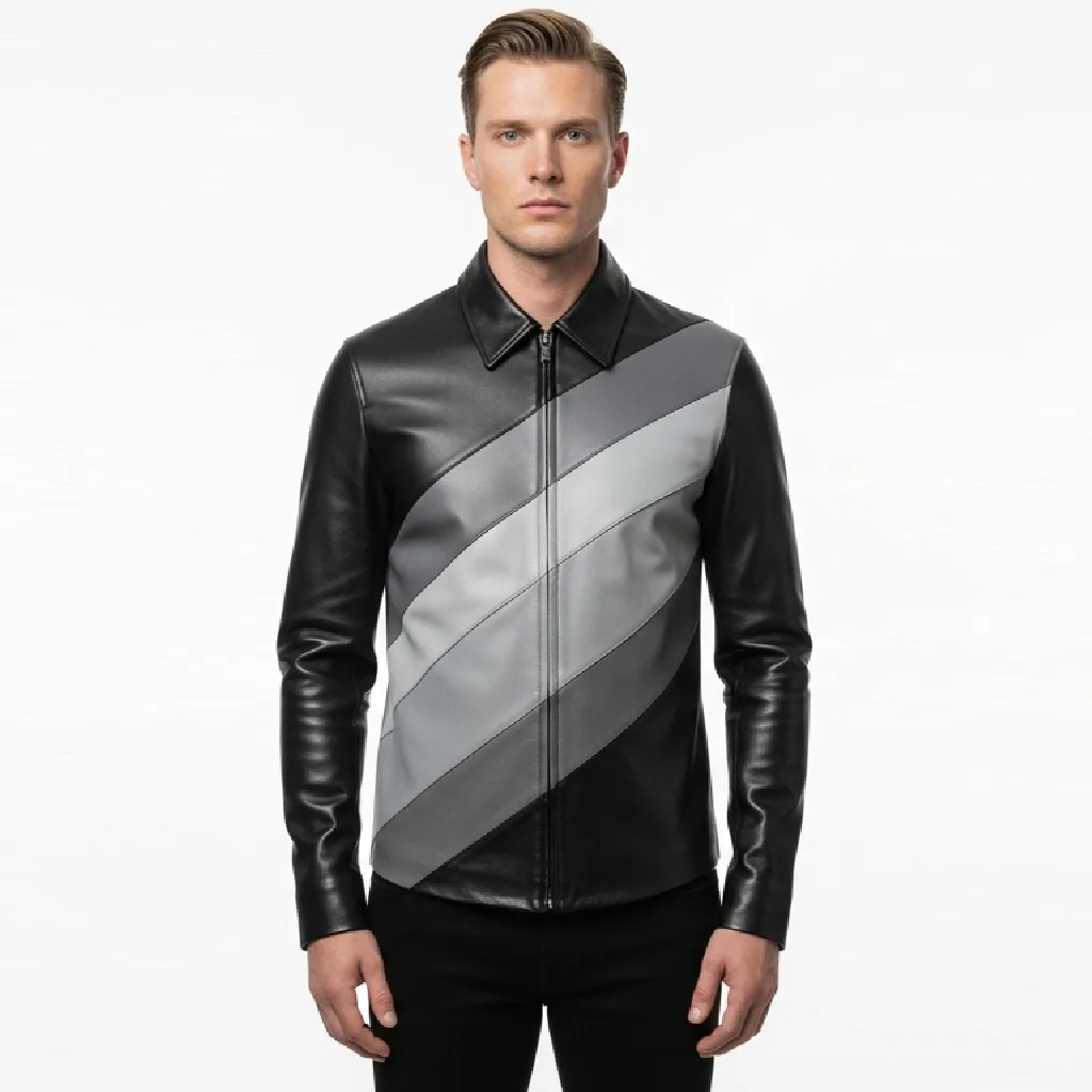 Custom Diagonal Panel Leather Shirt for Men