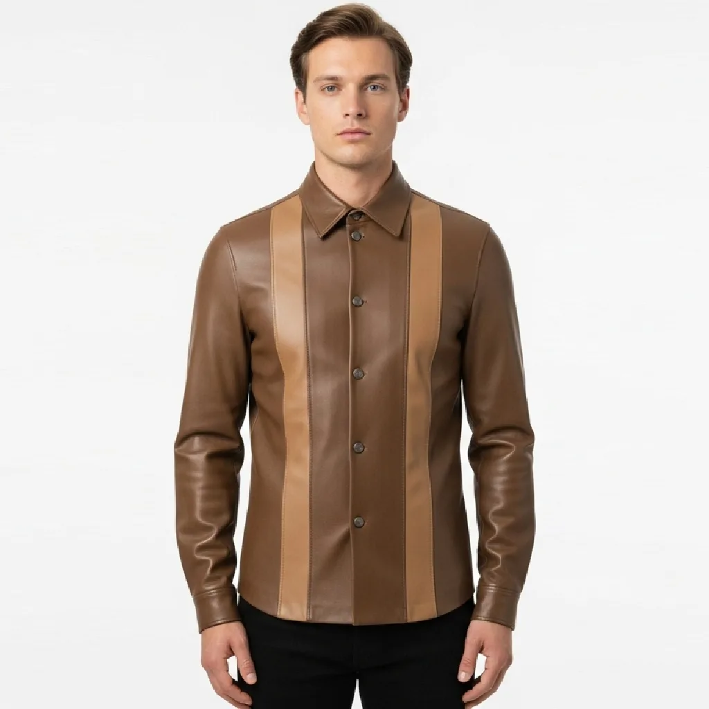 Custom Contrast Panel Leather Shirt for Men