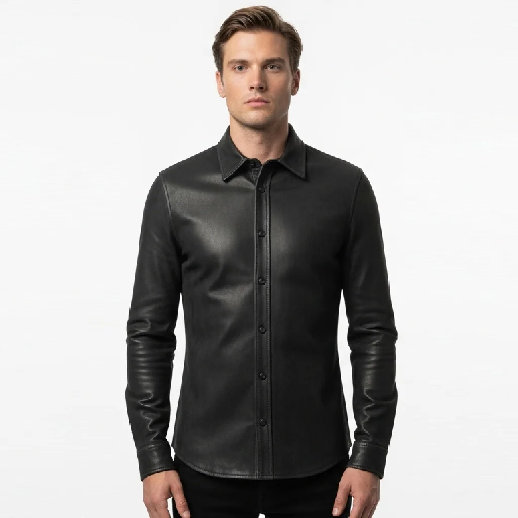 Custom Grain Leather Shirt with Button Front
