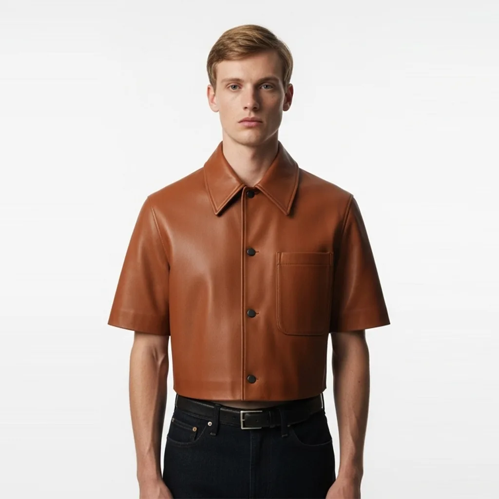 cropped cognac leather shirt cognac clipline front view
